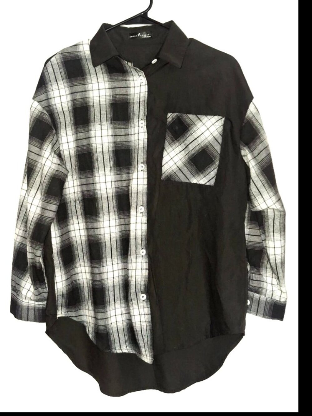 Emery Rose XS Oversized Button Down Shirt Black Plaid Patchwork Long Sleeve Top